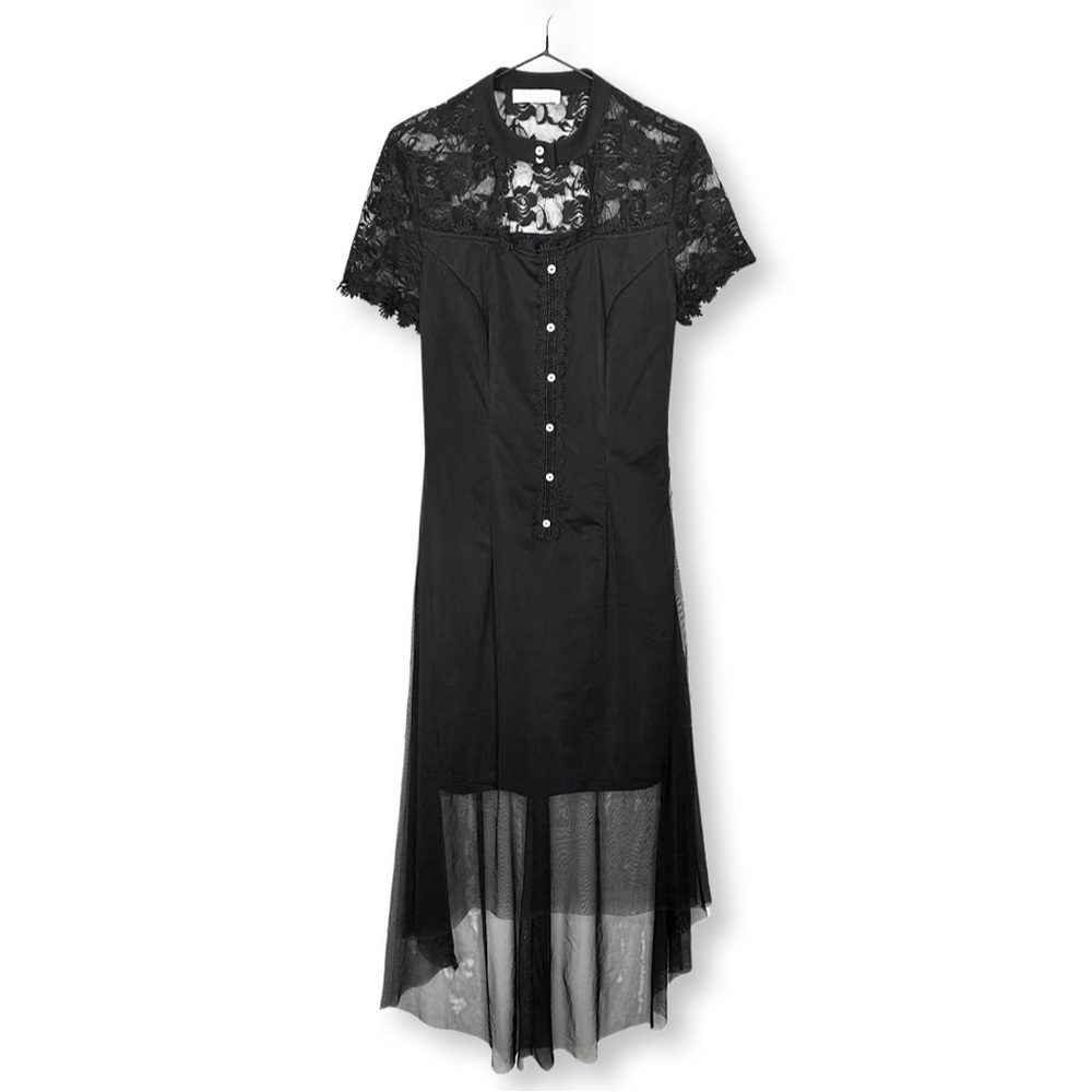 [ BELLE POGUE ] High-Low Black Gothic Dress w/Lace Patchwork & Cut Outs: M : EUC